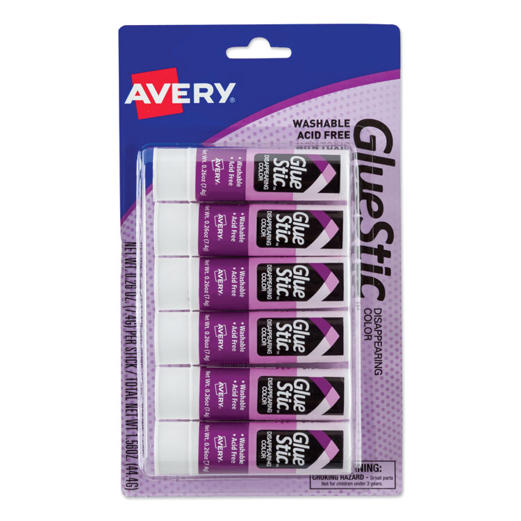 Avery Permanent Glue Stic Value Pack, 0.26 oz, Applies Purple, Dries Clear, 6/Pack (AVE98096)