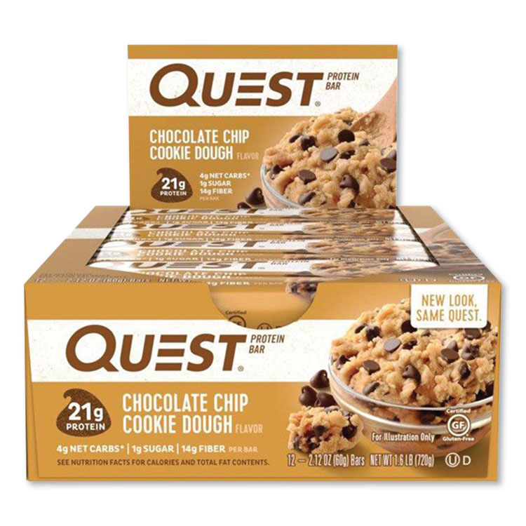 Quest Protein Bars, Chocolate Chip Cookie Dough, 2.12 oz Bar, 12 Bars/Box (QCC00003)