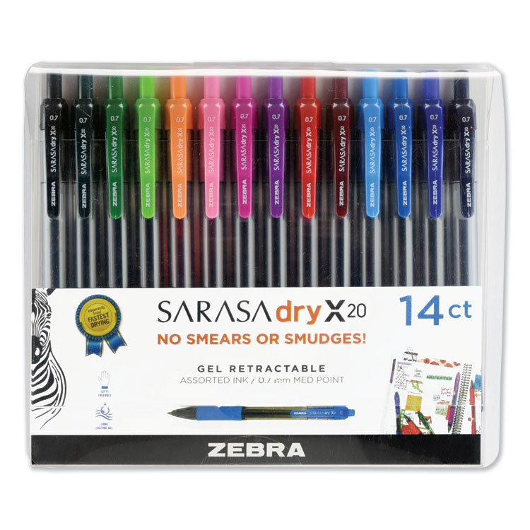 Zebra Sarasa Dry Gel X20 Gel Pen, Retractable, Medium 0.7 mm, Assorted Ink and Barrel Colors, 14/Pack (ZEB46824)