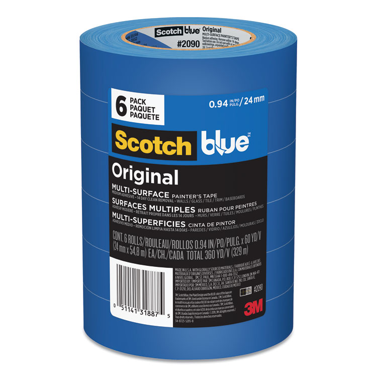 ScotchBlue Original Multi-Surface Painter's Tape, 3" Core, 0.94" x 60 yds, Blue, 6/Pack (MMM209024EVP)