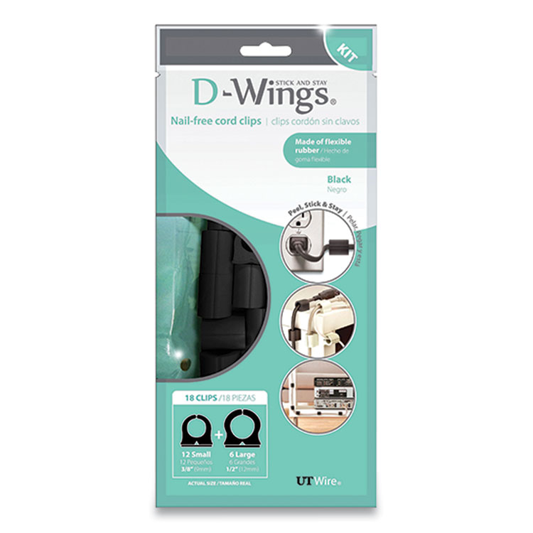 UT Wire D-Wings Nail-Free Cord Clips, 12 Small 0.38", Six Large 0.5", Black, 18/Pack (RBOUTWD18BK)