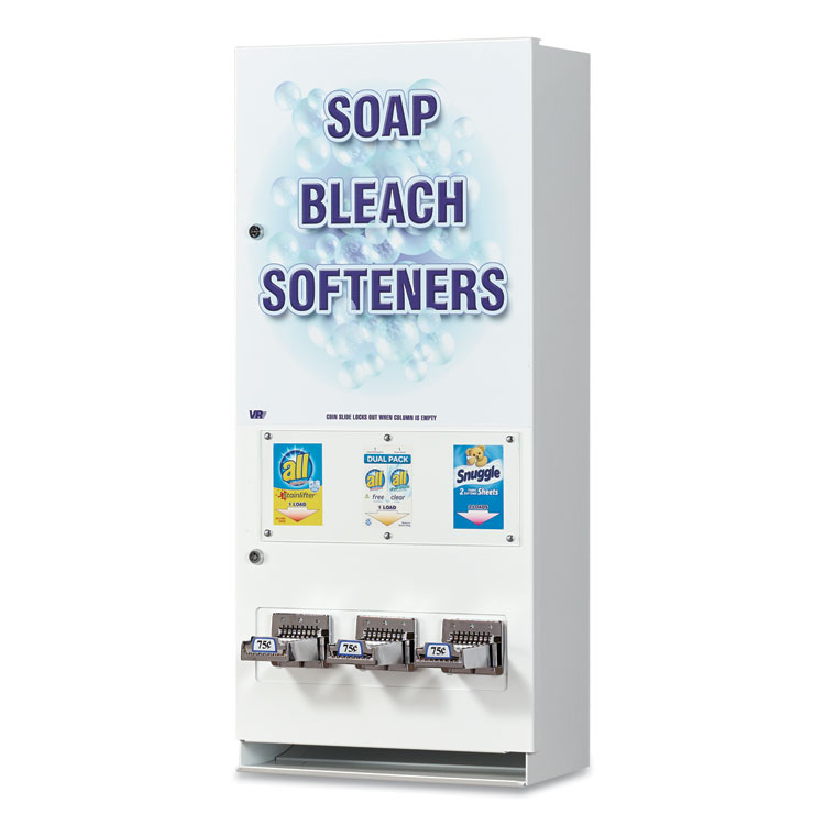 Vend-Rite Coin-Operated Soap Vender, 3-Column, 16.25 x 9.5 x 37.75, White/Blue (VEN394100)