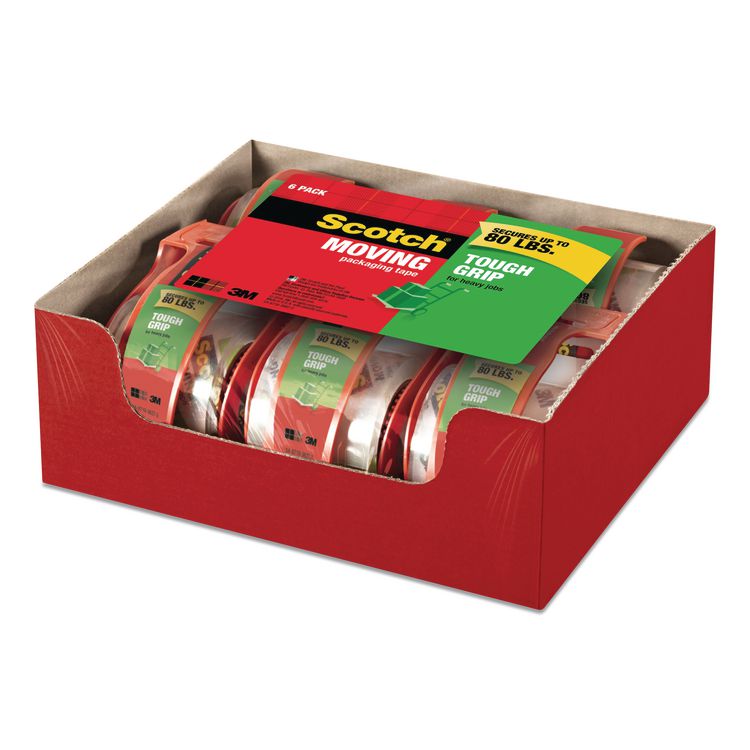 Scotch Tough Grip Moving Packaging Tape with Dispenser, 3" Core, 1.88" x 22.2 yds, Clear, 6/Pack (MMM1506)
