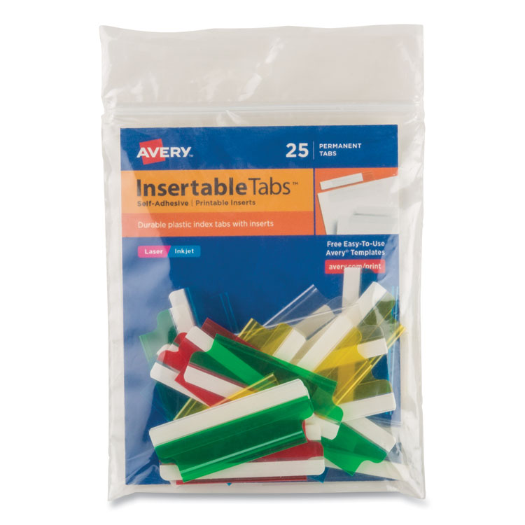 Avery Insertable Index Tabs with Printable Inserts, 1/5-Cut, Assorted Colors, 2" Wide, 25/Pack (AVE16239)