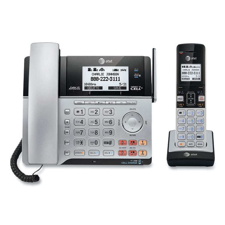 AT&T Connect to Cell TL86103 Two-Line Corded/Cordless Phone, Corded Base Station and 1 Additional Handset, Black/Silver (ATTTL86103)