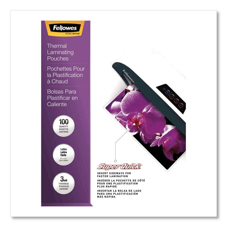 Fellowes SuperQuick Thermal Laminating Pouches, 3 mil, 9" x 11.5", Gloss Clear, 100/Pack (FEL5245801)