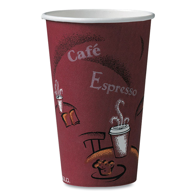 SOLO Paper Hot Drink Cups in Bistro Design, 16 oz, Maroon, 1,000/Carton (SCC316SI)