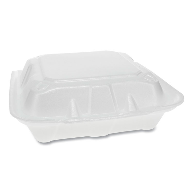 Pactiv Evergreen Vented Foam Hinged Lid Container, Dual Tab Lock, 3 Compartments, 8.42 x 8.15 x 3, White, 150/Carton (PCTYTD188030000)