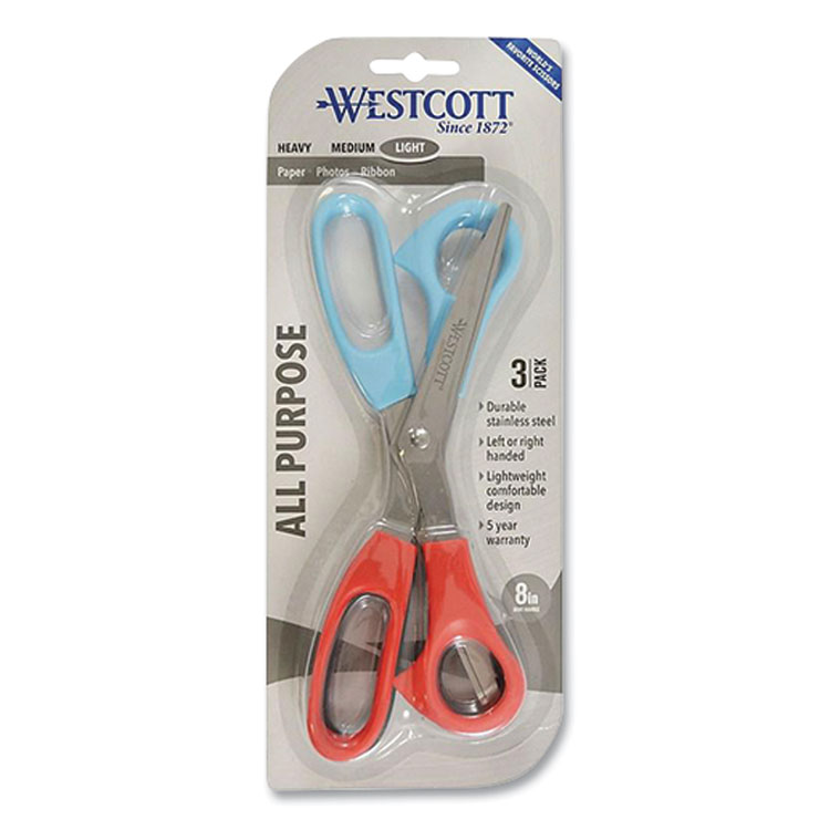 Westcott All Purpose Value Stainless Steel Scissors, 8" Long, 3" Cut Length, Offset Assorted Color Handles, 3/Pack (WTC13023)