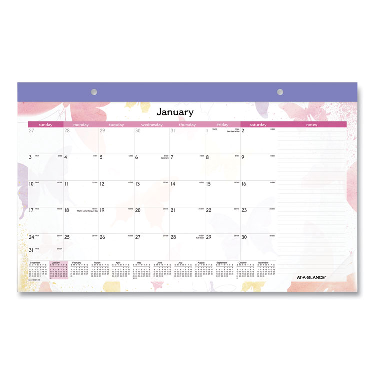 AT-A-GLANCE Watercolors Monthly Desk Pad Calendar, Butterfly Artwork, 17.75 x 11, White Sheets, Purple Binding, 12-Month (Jan-Dec): 2026 (AAGSK91705)