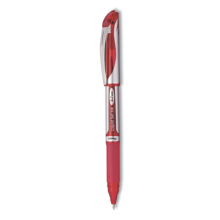 Pentel EnerGel Deluxe Gel Pen, Stick, Medium 0.7 mm, Red Ink, Silver/Red Barrel, Dozen (PENBL57BDZ)