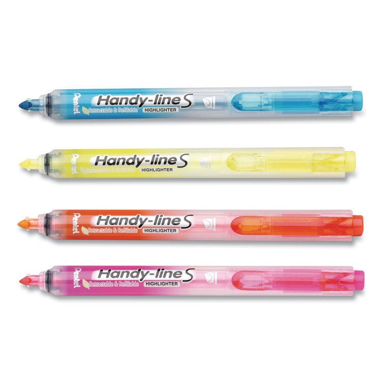 Pentel Ultra-Slim Handy-line S Retractable/Refillable Highlighters, Assorted Ink Colors, Chisel Tip, Assorted Barrel Colors, 4/PK (PENSXS15BPS4M)