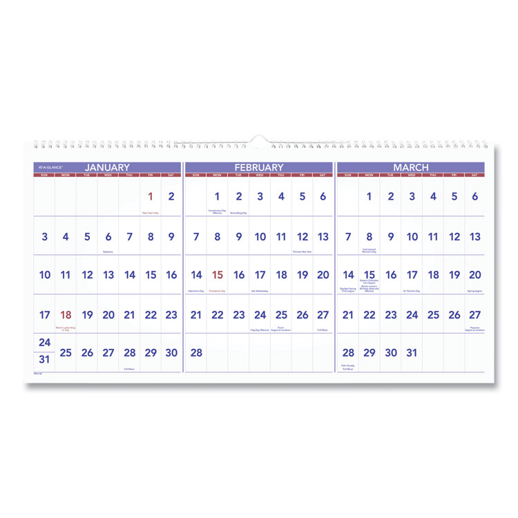 AT-A-GLANCE Deluxe Three-Month Reference Wall Calendar, Horizontal Orientation, 24 x 12, White Sheets, 15-Month: Dec 2025 to Feb 2027 (AAGPM1428)