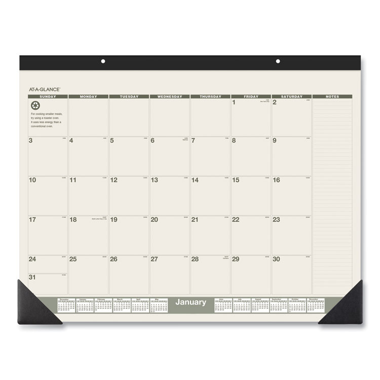 AT-A-GLANCE Recycled Monthly Desk Pad, 22 x 17, Sand/Green Sheets, Black Binding, Black Corners, 12-Month (Jan to Dec): 2026 (AAGSK32G00)