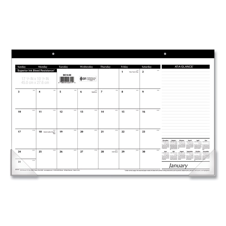 AT-A-GLANCE Compact Desk Pad, 18 x 11, White Sheets, Black Binding, Clear Corners, 12-Month (Jan to Dec): 2026 (AAGSK1400)