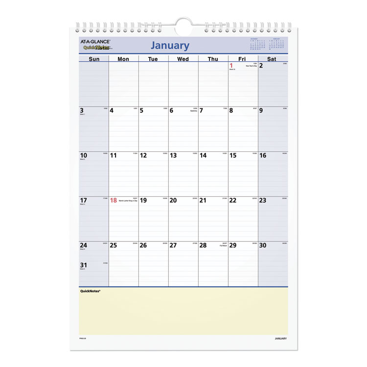 AT-A-GLANCE QuickNotes Wall Calendar, 12 x 17, White/Blue/Yellow Sheets, 12-Month (Jan to Dec): 2026 (AAGPM5228)