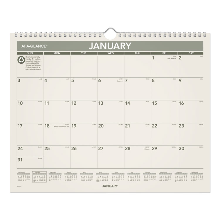 AT-A-GLANCE Recycled Wall Calendar, Unruled Blocks, 15 x 12, Sand/Green Sheets, 12-Month (Jan to Dec): 2026 (AAGPMG7728)