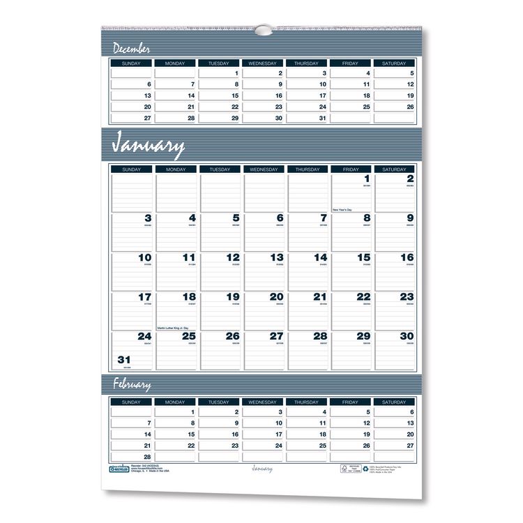 House of Doolittle Bar Harbor Recycled Wirebound 3-Months-per-Page Wall Calendar, 15.5 x 22, White/Blue/Gray, 14-Month: Dec 2025 to Jan 2027 (HOD343)