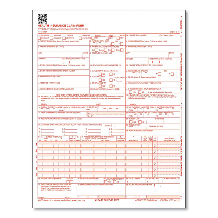 ComplyRight CMS-1500 Health Insurance Claim Form, One-Part (No Copies), 8.5 x 11, 250 Forms Total (TFPCMS12LC250)