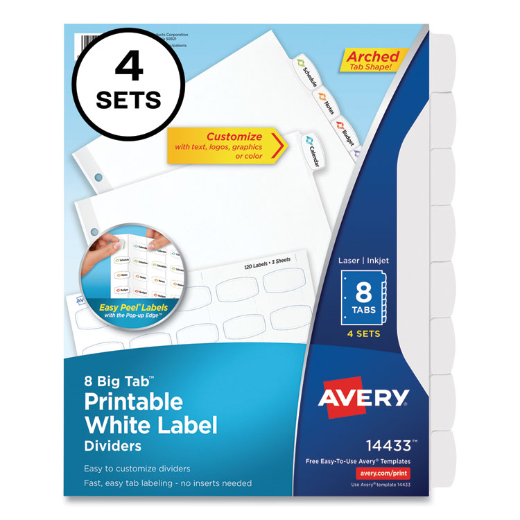Avery Big Tab Printable White Label Tab Dividers, 8-Tab, 11 x 8.5, White, 4 Sets (AVE14433)