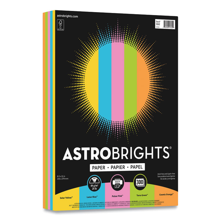 Astrobrights Color Paper - "Radiant" Assortment, 24 lb Bond Weight, 8.5 x 11, Assorted Radiant Colors, 300/Pack (WAU91642)