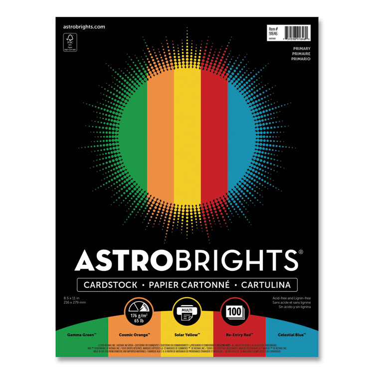 Astrobrights Color Cardstock -"Primary" Assortment, 65 lb Cover Weight, 8.5 x 11, Assorted Primary Colors, 100/Pack (WAU91646)