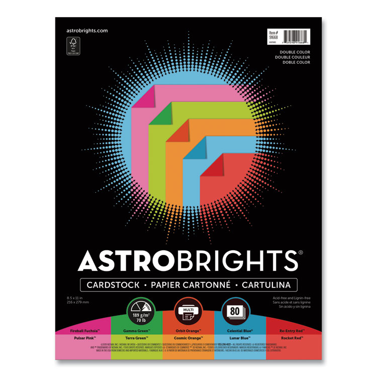 Astrobrights Double-Color Card Stock, 70 lb Cover Weight, Assorted Colors, 8.5 x 11, 80/Pack (WAU91668)