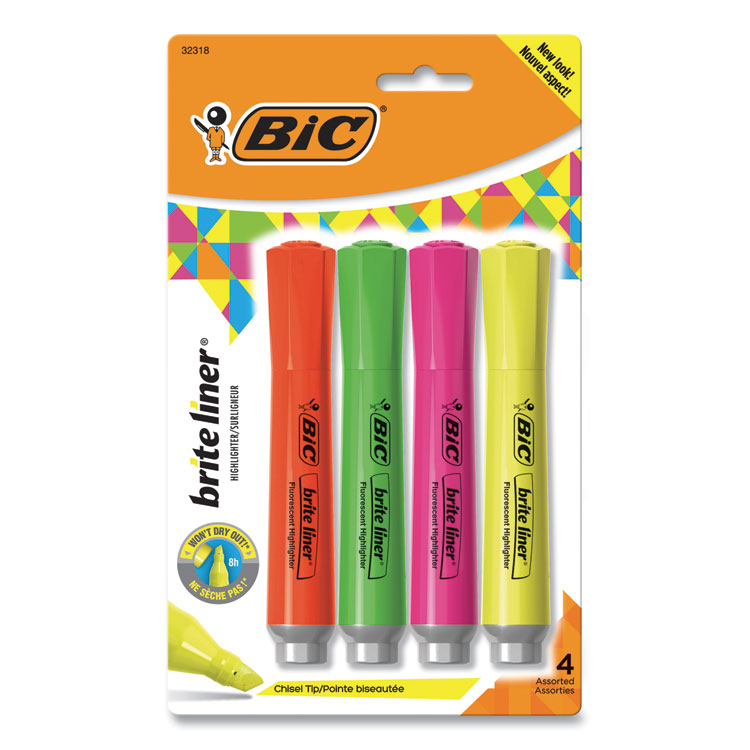 BIC Brite Liner Tank-Style Highlighter, Assorted Ink Colors, Chisel Tip, Assorted Barrel Colors, 4/Set (BICBLMGP41ASST)