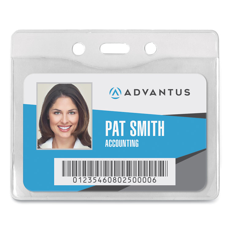 Advantus Security ID Badge Holders, Horizontal, Pre-Punched for Chain/Clip, Clear, 3.75" x 3.25" Holder, 3.5" x 2.5" Insert, 50/Box (AVT75411)