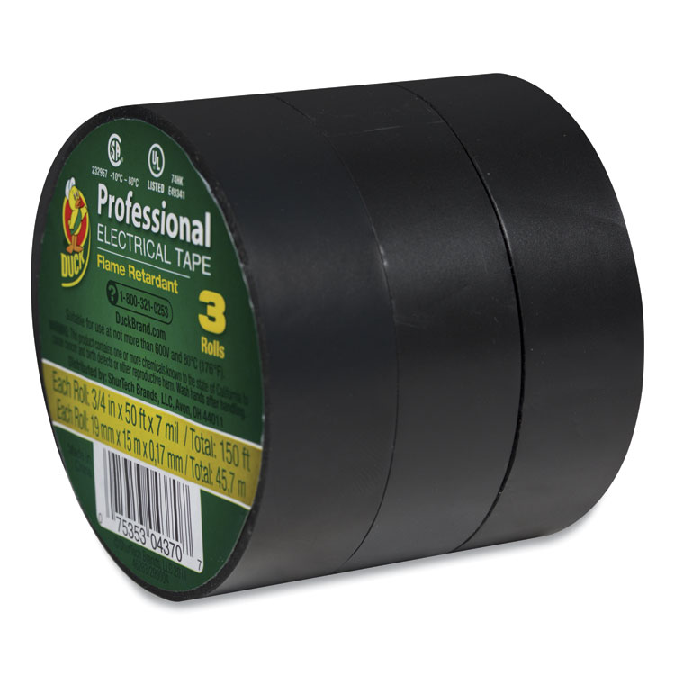 DUC299004 - Duck Pro Electrical Tape, 1" Core, 0.75" x 50 ft, Black, 3/Pack (DUC299004)