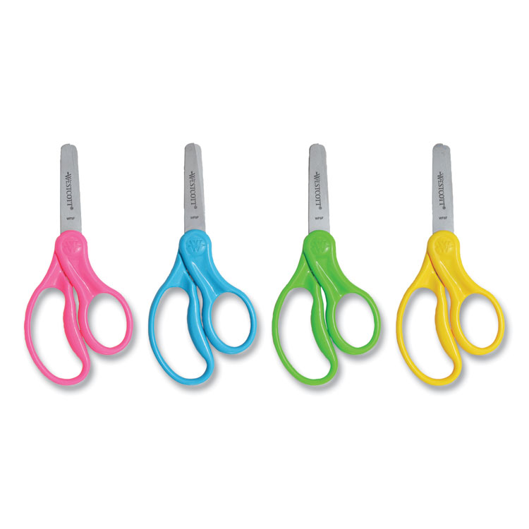 Westcott For Kids Scissors, Rounded Tip, 5" Long, 1.75" Cut Length, Straight Handle, Randomly Assorted Handle Color (ACM13130)