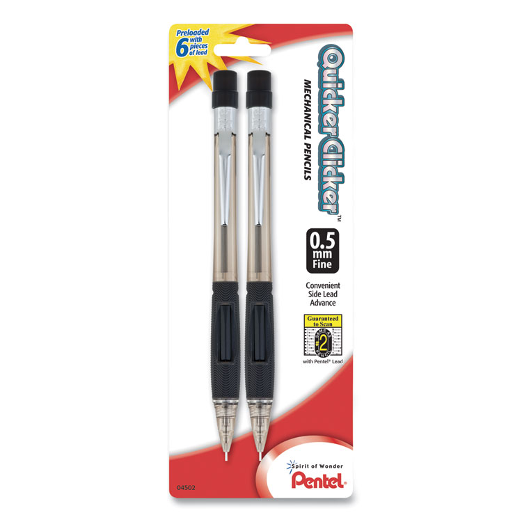 Pentel Quicker Clicker Mechanical Pencil, 0.5 mm, HB (#2), Black Lead, Smoke/Black Barrel, 2/Pack (PENPD345BP2K6)