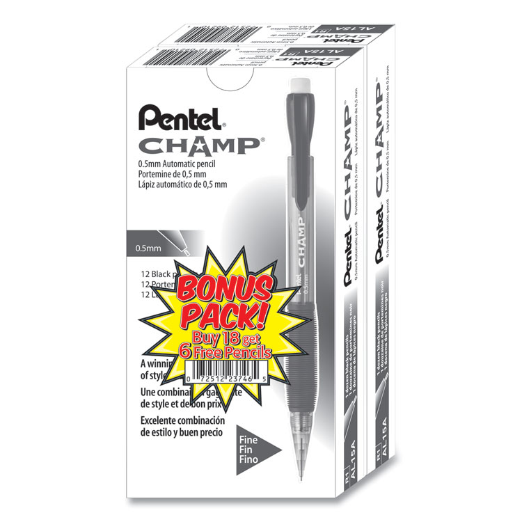 Pentel Champ Mechanical Pencil Value Pack, 0.5 mm, HB (#2), Black Lead, Clear/Black Barrel, 24/Pack (PENAL15ASW2)