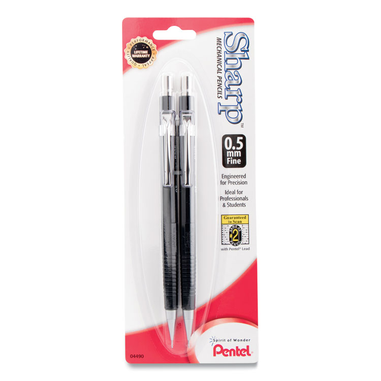 Pentel Sharp Mechanical Pencil, 0.5 mm, HB (#2), Black Lead, Black Barrel, 2/Pack (PENP205BP2K6)