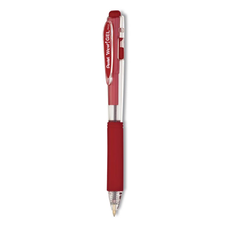 Pentel WOW! Gel Pen, Retractable, Medium 0.7 mm, Red Ink, Clear/Red Barrel, Dozen (PENK437B)