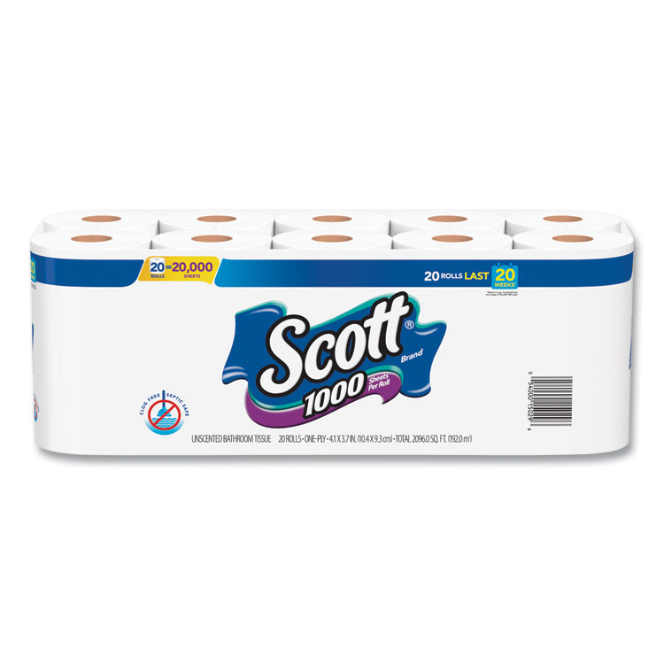 Scott 1000 Bathroom Tissue, Septic Safe, 1-Ply, White, 1,000 Sheets/Roll, 20 Rolls/Pack, 2 Packs/Carton (KCM20032CT)