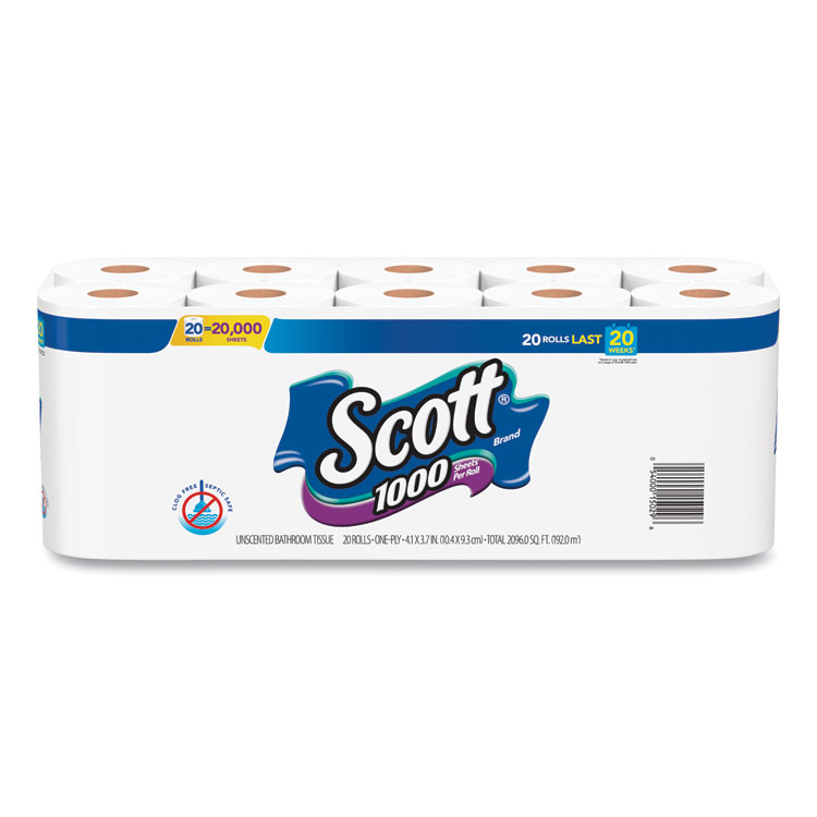 Scott 1000 Bathroom Tissue, Septic Safe, 1-Ply, White, 1,000 Sheets/Roll, 20 Rolls/Pack (KCM20032PK)