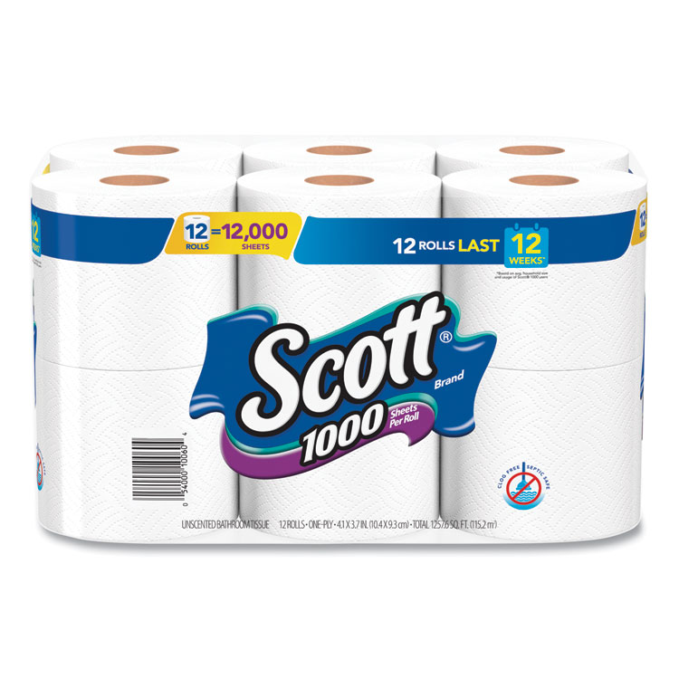 Scott 1000 Bathroom Tissue, Septic Safe, 1-Ply, White, 1,000 Sheets/Roll, 12 Rolls/Pack, 4 Packs/Carton (KCM10060)