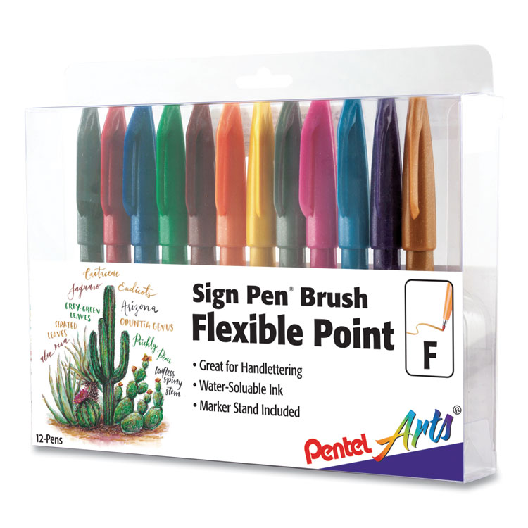 Pentel Arts Sign Pen Brush Flexible Point Marker Pen, Fine Brush Tip, Assorted Colors, Dozen (PENSES15CPC12)