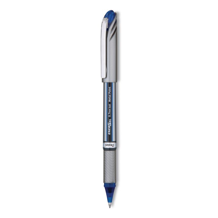 Pentel EnerGel NV Gel Pen, Stick, Medium 0.7 mm, Blue Ink, Gray/Black/Blue Barrel, Dozen (PENBL27C)