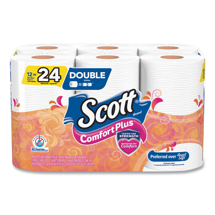 Scott ComfortPlus Toilet Paper, Double Roll, Bath Tissue, Septic Safe, 1-Ply, White, 231 Sheets/Roll, 12 Rolls/Pack, 4 Packs/Carton (KCM47618)