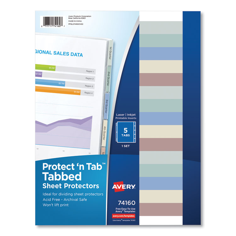 Avery Protect 'n Tab Sheet Protectors, 5-Tabs, Heavy-Duty, Side: 3-Hole Punched, Top Load 8.5 x 11 Insert, Clear, 5/Set (AVE74160)