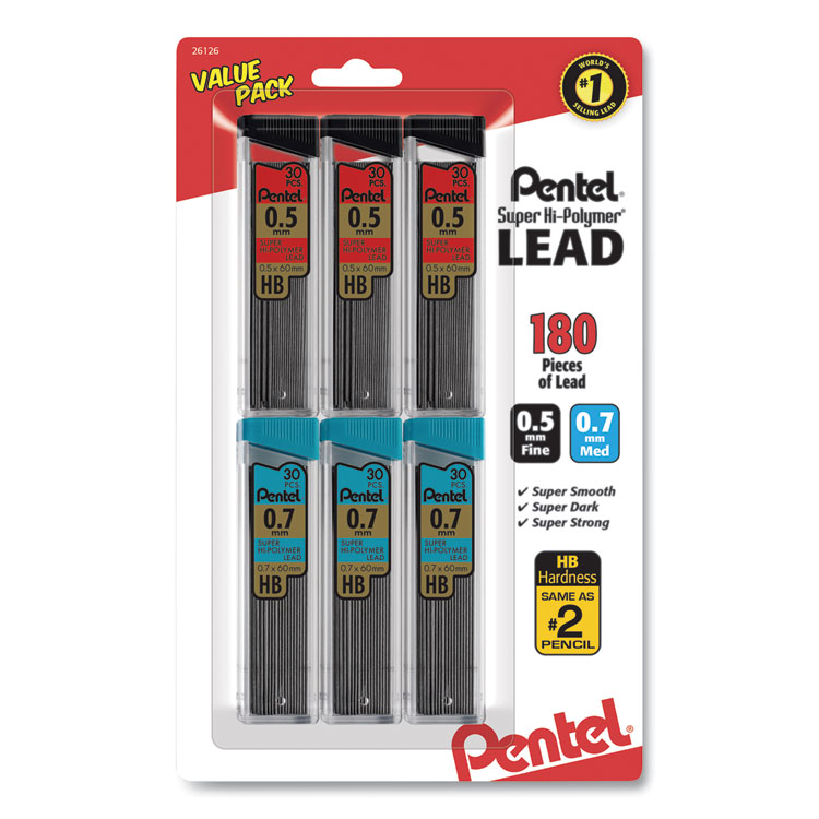 Pentel Super Hi-Polymer Lead Refill Value Pack, 0.5 mm; 0.7 mm, HB, Black, 30/Tube, 6 Tubes/Pack (PENC257BPHB6)
