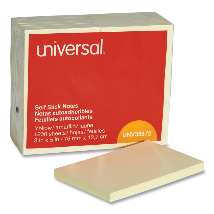 UNV35672 - Universal Self-Stick Note Pads, 3" x 5", Yellow, 100 Sheets/Pad, 12 Pads/Pack (UNV35672)