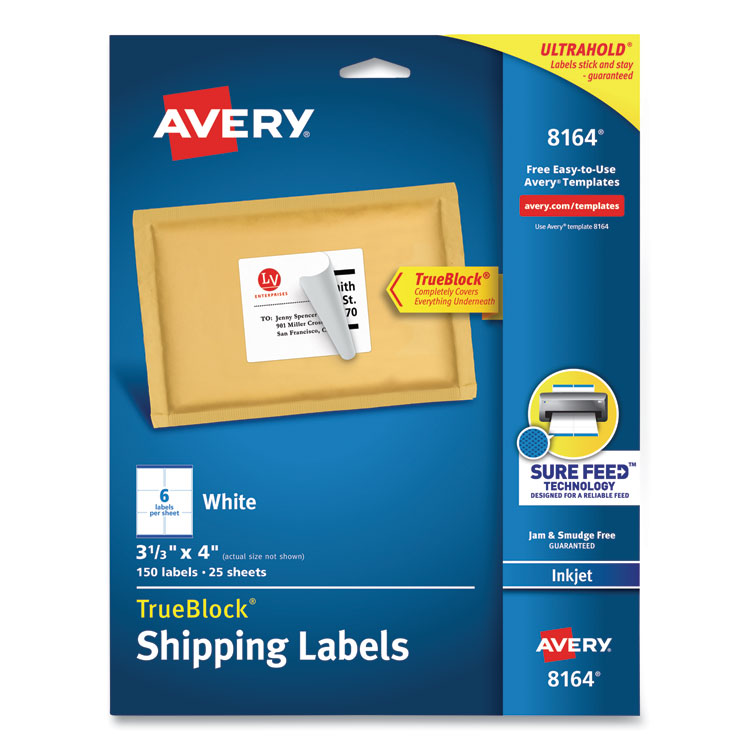 Avery Shipping Labels w/ TrueBlock Technology, Inkjet Printers, 3.33 x 4, White, 6/Sheet, 25 Sheets/Pack (AVE8164)