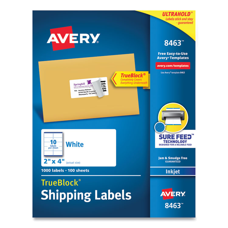 Avery Shipping Labels w/ TrueBlock Technology, Inkjet Printers, 2 x 4, White, 10/Sheet, 100 Sheets/Box (AVE8463)