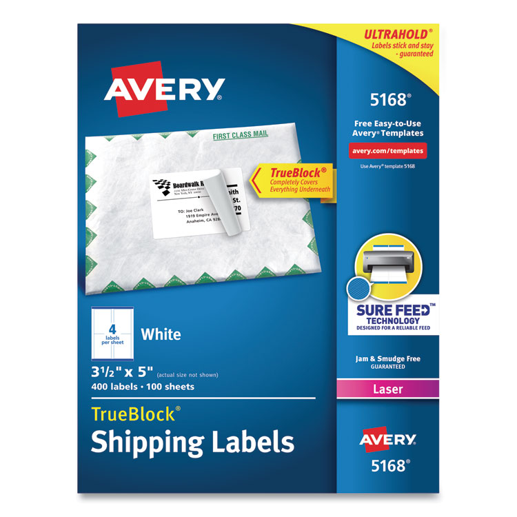 Avery Shipping Labels w/ TrueBlock Technology, Laser Printers, 3.5 x 5, White, 4/Sheet, 100 Sheets/Box (AVE5168)