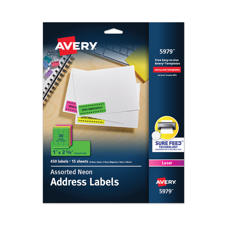Avery High-Visibility Permanent Laser ID Labels, 1 x 2.63, Asst. Neon, 450/Pack (AVE5979)