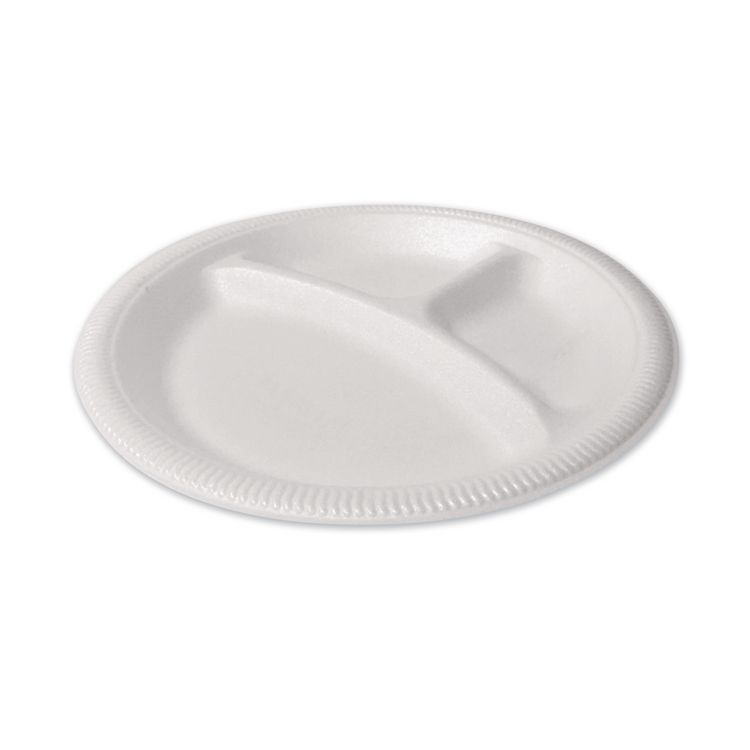 Plastifar Foam Dinnerware, 3-Compartment Plate, 9" dia, White, 125/Sleeve, 4 Sleeves/Pack (PST12201)