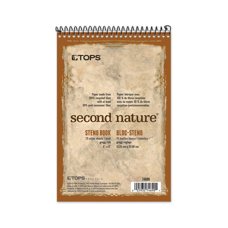 Second Nature Second Nature Recycled Notepads, Gregg Rule, Brown Cover, 70 White 6 x 9 Sheets (TOP74690)